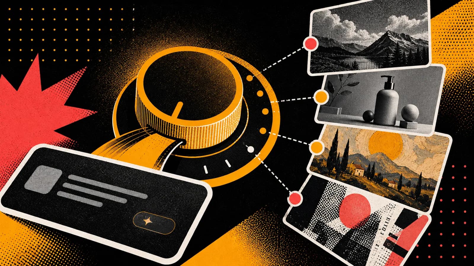 Editorial collage of an AI prompt card feeding a style control dial with visual swatches