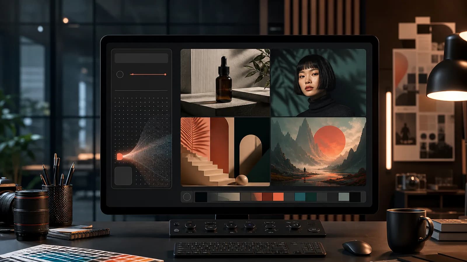 Creative workstation showing AI image generation panels for product, portrait, campaign, and concept visuals